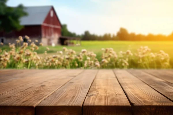 Empty Wooden Brown Table Top Blur Background Farm Barn Exuberant — Stock Photo, Image