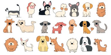 Şirin köpekler el çizimi vektör seti. Çizgi film köpekleri ya da köpek karakterleri farklı pozlarda düz renkli tasarım koleksiyonu. köpek vektör illüstrasyonu