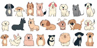 Şirin köpekler el çizimi vektör seti. Çizgi film köpekleri ya da köpek karakterleri farklı pozlarda düz renkli tasarım koleksiyonu. köpek vektör illüstrasyonu