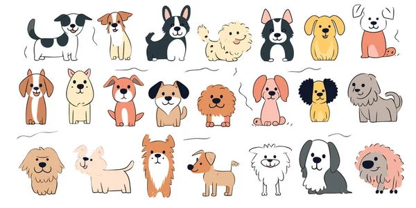 Şirin köpekler el çizimi vektör seti. Çizgi film köpekleri ya da köpek karakterleri farklı pozlarda düz renkli tasarım koleksiyonu. köpek vektör illüstrasyonu