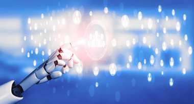 Yaşayan insanların geleceği için robot ve sayborg gelişimi yapay zeka araştırması. Dijital veri madenciliği ve makine öğrenme teknolojisi, bilgisayar iletişimi. 3B illüstrasyon