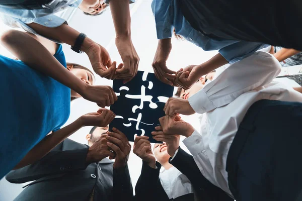 View Diverse Corporate Officer Workers Collaborate Office Connecting Puzzle Pieces — Stock Photo, Image