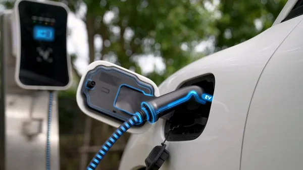 电动汽车与充电站相连 在生态绿地公园和绿叶中通过电动汽车充电器电缆给电池充电 未来创新的Ev汽车和能源的可持续性 — 图库照片