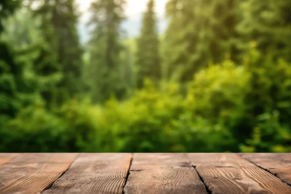 Empty Wooden Table Top Blur Background Boreal Forest Exuberant Image — Stock Photo, Image