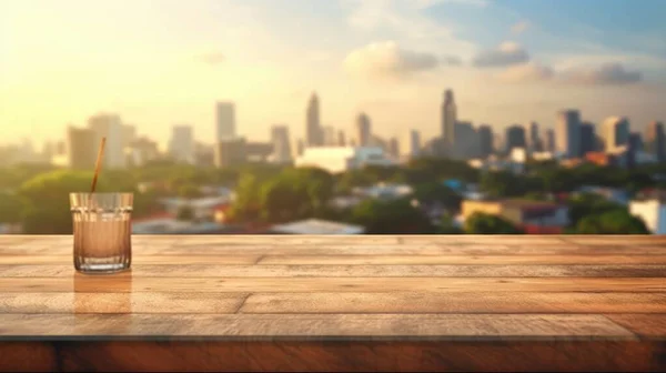 屋上のスカイラウンジを背景に 街並みを望む空の木製のテーブルトップ 優れた画像 — ストック写真