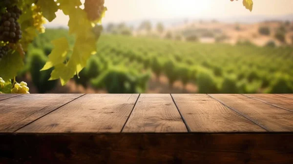 Tampo Mesa Madeira Vazio Com Fundo Desfocado Vinha Imagem Exuberante — Fotografia de Stock