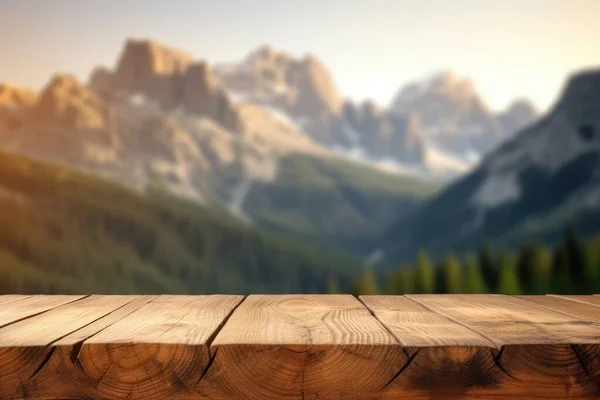 Empty Wooden Brown Table Top Blur Background Dolomite Mountain Exuberant — Stock Photo, Image