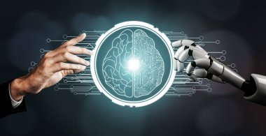 3D Rending Futuristic robot teknolojisi geliştirme, yapay zeka yapay zeka ve makine öğrenme konsepti. Gelecekteki insan hayatı için küresel robot biyonik bilim araştırması. 3B illüstrasyon