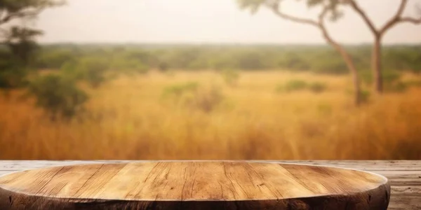 Empty Wooden Brown Table Top Blur Background Savanna Safari Exuberant — Stock Photo, Image