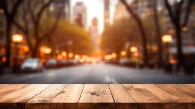 New York caddesinin bulanık arka planlı boş ahşap masa. Coşkulu resim.