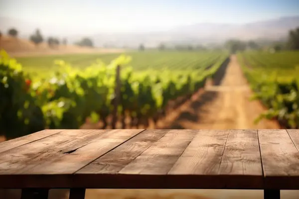 Tampo Mesa Madeira Vazio Com Fundo Desfocado Vinha Imagem Exuberante — Fotografia de Stock