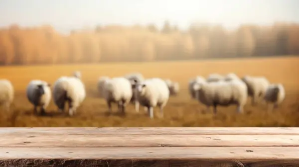 Prázdná Dřevěná Hnědá Deska Stolu Rozmazaným Pozadím Ovčí Pastviny Nadšený — Stock fotografie