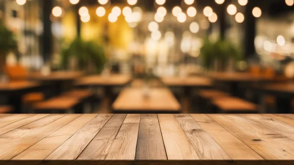 レストランの背景をぼかすと空の木製のテーブルの上 優れた画像 — ストック写真