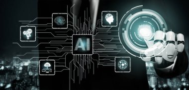 3D Rending Futuristic robot teknolojisi geliştirme, yapay zeka yapay zeka ve makine öğrenme konsepti. Gelecekteki insan hayatı için küresel robot biyonik bilim araştırması. 3B illüstrasyon