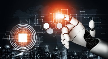 3D Rending Futuristic robot teknolojisi geliştirme, yapay zeka yapay zeka ve makine öğrenme konsepti. Gelecekteki insan hayatı için küresel robot biyonik bilim araştırması. 3B illüstrasyon