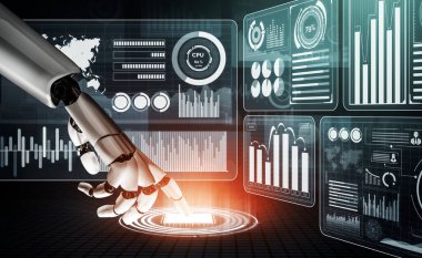 3D Rending Futuristic robot teknolojisi geliştirme, yapay zeka yapay zeka ve makine öğrenme konsepti. Gelecekteki insan hayatı için küresel robot biyonik bilim araştırması. 3B illüstrasyon