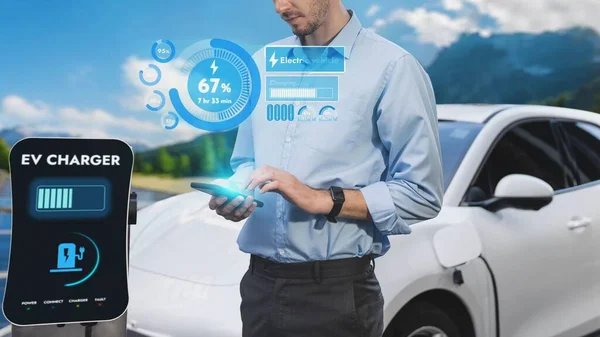 Businessman Holding Smartphone Display Battery Status Hologram Smart Mobile Application — Stock Photo, Image