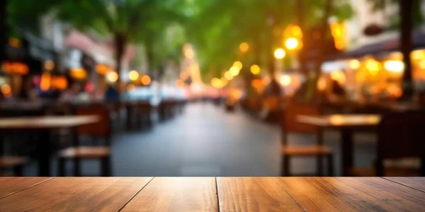 Empty Wooden Table Top Blur Background Street Downtown Business District — Stock Photo, Image