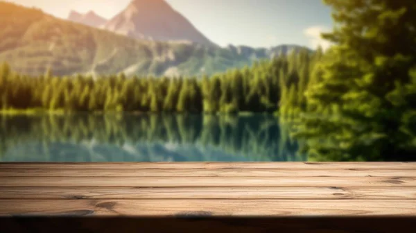 Empty Wooden Table Top Blur Background Summer Lakes Mountain Exuberant — Stock Photo, Image
