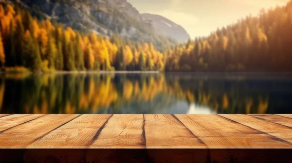 Empty Wooden Table Top Blur Background Lake Mountain Autumn Exuberant — Stock Photo, Image