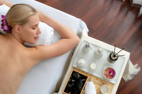 Panorama Top View Woman Customer Enjoying Relaxing Stress Spa Massage — Stock Photo, Image