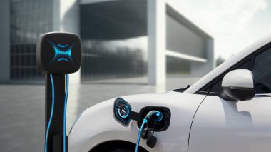 Gelecekteki mimari yapı arka planına sahip şarj istasyonuna bağlı yenilikçi elektrikli araba. Alternatif temiz ve sürdürülebilir enerji kullanan teknolojik gelişim şarj edilebilir EV araba. İnceleyin