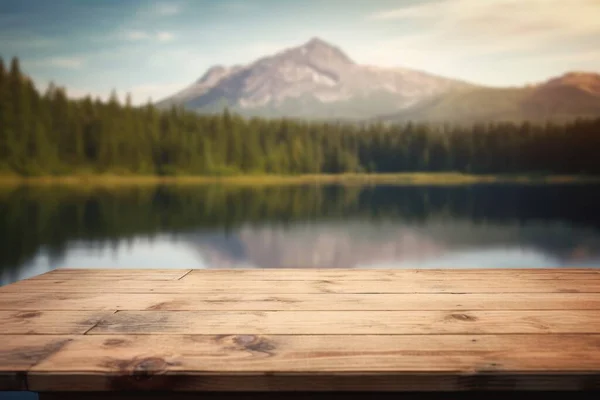 Empty Wooden Table Top Blur Background Summer Lakes Mountain Exuberant — Stock Photo, Image