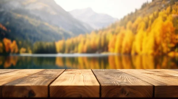 Empty Wooden Table Top Blur Background Lake Mountain Autumn Exuberant — Stock Photo, Image