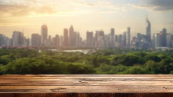 空の木製のテーブルの上には 自然のスカイラインの背景をぼかす 優れた画像 — ストック写真