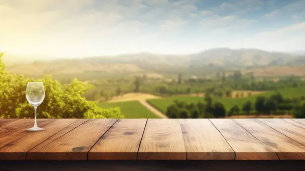 那空荡荡的木制桌子顶部 背景模糊 是纳帕山的风景 令人振奋的图像 — 图库照片