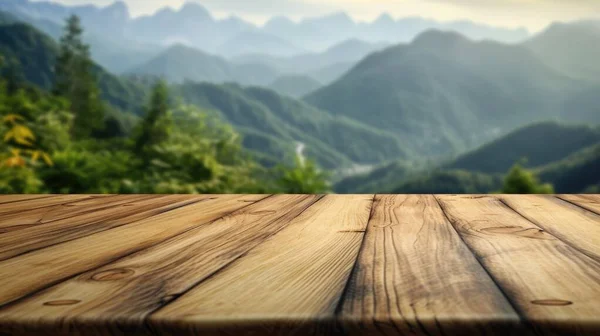 Empty Wooden Brown Table Top Blur Background Trekking Path Exuberant — Stock Photo, Image