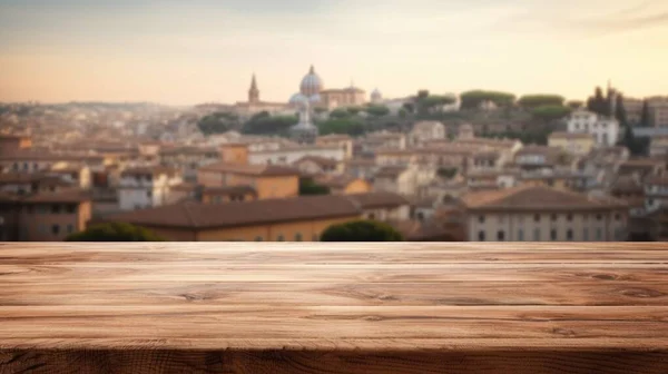 ローマの背景がぼやけている空の木製のテーブルトップ 優れた画像 — ストック写真