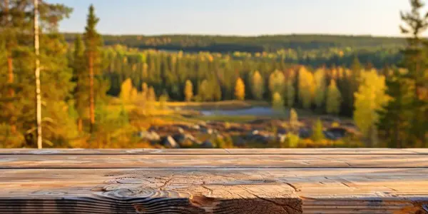 Prázdná Dřevěná Hnědá Deska Stolu Rozmazaným Pozadím Finské Přírody Nadšený — Stock fotografie