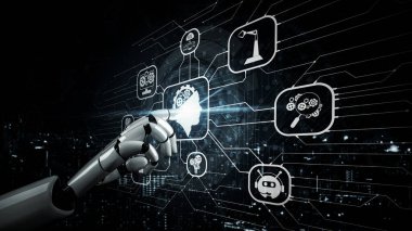Yaşayan insanların geleceği için robot ve sayborg gelişimi yapay zeka araştırması. Dijital veri madenciliği ve makine öğrenme teknolojisi, bilgisayar iletişimi. 3B illüstrasyon