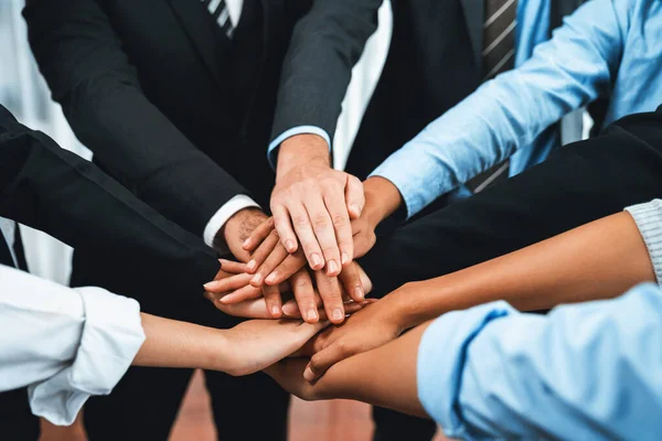 Multiracial Business People Make Synergy Hand Stack Together Meeting Room — Stock Photo, Image