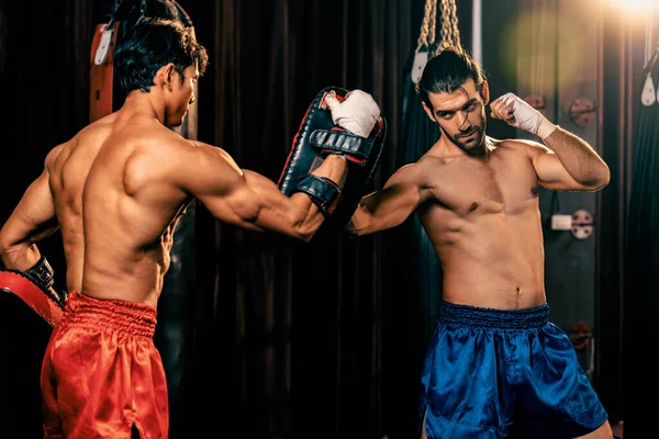 Asian Caucasian Muay Thai Boxer Unleash Punch Fierce Boxing Training — Stock Photo, Image