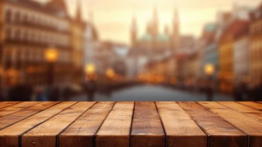 Avrupa caddesinin bulanık arka planlı boş ahşap masa. Coşkulu resim.