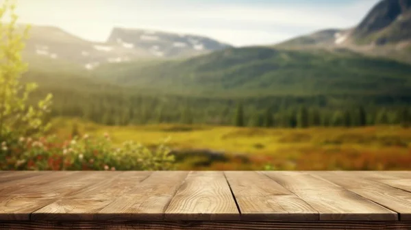 Empty Wooden Brown Table Top Blur Background Norway Nature Landscape — Stock Photo, Image