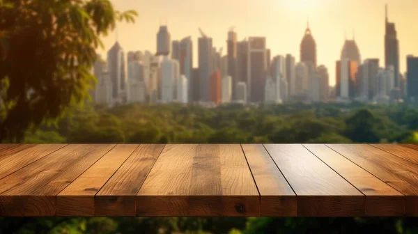 Empty Wooden Table Top Blur Background Nature Skyline Exuberant Image — Stock Photo, Image