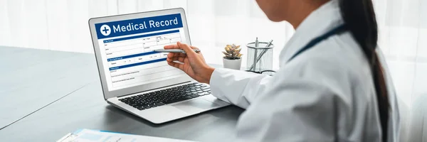 Doctor Carefully Review Detailed Medical Report Laptop Diagnosing Illness Effective — Stock Photo, Image