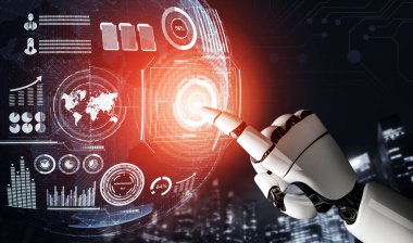 3D Rending Futuristic robot teknolojisi geliştirme, yapay zeka yapay zeka ve makine öğrenme konsepti. Gelecekteki insan hayatı için küresel robot biyonik bilim araştırması. 3B illüstrasyon