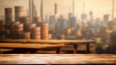 Fabrikanın bulanık arka planlı boş ahşap masa. Coşkulu resim.