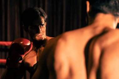 Asyalı ve Kafkasyalı Muay Thai boksörü boks maçında güçlerini serbest bırakıyor. Güçlü kaslı Taylandlı boksör acımasız dövüş hünerleriyle yumruk atıyor. Impetus