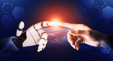 3D Rending Futuristic robot teknolojisi geliştirme, yapay zeka yapay zeka ve makine öğrenme konsepti. Gelecekteki insan hayatı için küresel robot biyonik bilim araştırması. 3B illüstrasyon