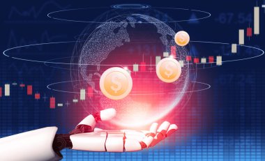 3D Rending Futuristic robot teknolojisi geliştirme, yapay zeka yapay zeka ve makine öğrenme konsepti. Gelecekteki insan hayatı için küresel robot biyonik bilim araştırması. 3B illüstrasyon