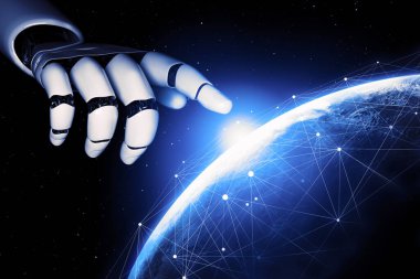 3D Rending Futuristic robot teknolojisi geliştirme, yapay zeka yapay zeka ve makine öğrenme konsepti. Gelecekteki insan hayatı için küresel robot biyonik bilim araştırması. 3B illüstrasyon