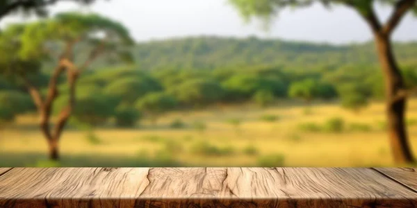 Prázdná Dřevěná Hnědá Deska Stolu Rozmazaným Pozadím Savanna Safari Nadšený — Stock fotografie
