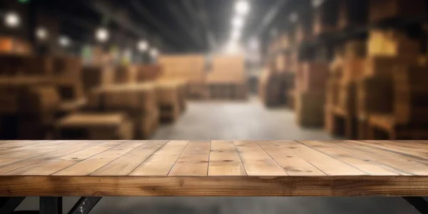 Empty Wooden Table Top Blur Background Large Warehouse Exuberant Image — Stock Photo, Image