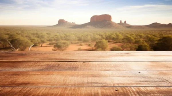 Empty Wooden Table Top Blur Background Australian Outback Exuberant Image — Stock Photo, Image