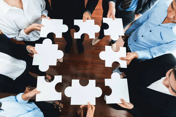 Top View Multiethnic Business People Holding Jigsaw Pieces Merge Them — Stock Photo, Image